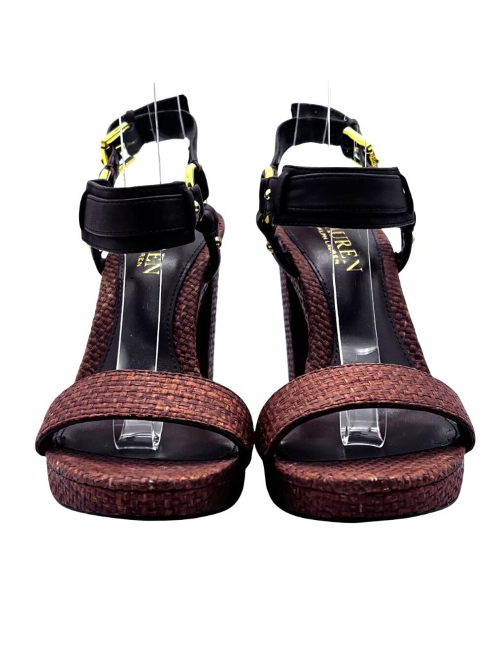 Lauren Ralph Lauren Faustine Raffia Straw & Leather Heel Sandals Womens 6B Brown - Picture 5 of 14